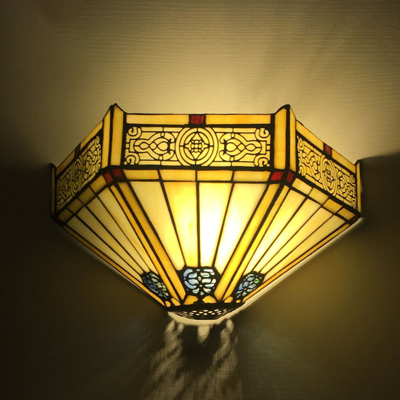 Traditional Tiffany Alloy Glass Diamond Semicircular Flower Dragonfly 1-Light Wall Sconce Lamp For Hallway