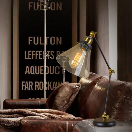 Traditional Rustic Iron Glass Conic Bell 1-Light Table Lamp For Study