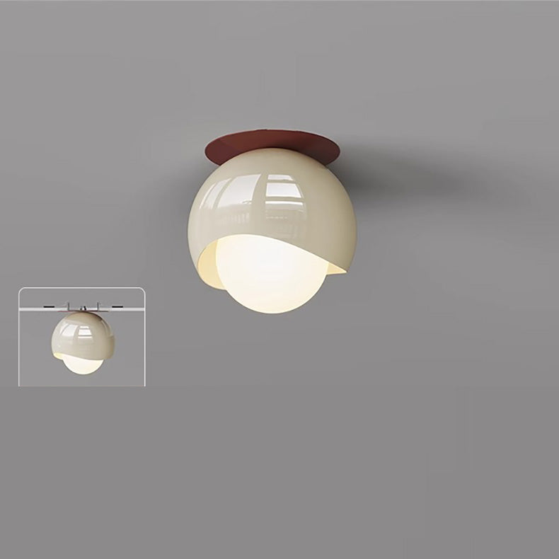 Contemporary French Cream Iron Glass Spherical Ball 1-Light Semi-Flush Mount Ceiling Light For Hallway