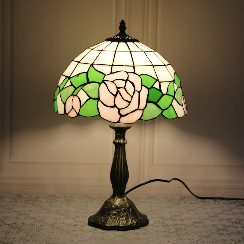 Traditional Tiffany Stained Glass Dome Shade Lotus Alloy Base 1-Light Table Lamp For Bedroom