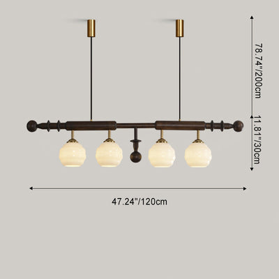 Traditional Vintage Long Round Ball Wood Glass 4-Light Island Light Chandelier For Dining Room