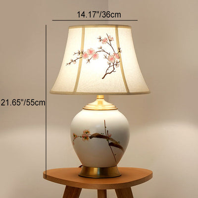 Traditional Chinese Plum Flower Embroidered Fabric Shade Ceramic Base 1-Light Table Lamp For Bedroom