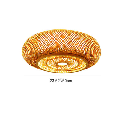 Traditional Vintage Round Skeleton Bamboo PVC 1-Light Flush Mount Ceiling Light For Living Room