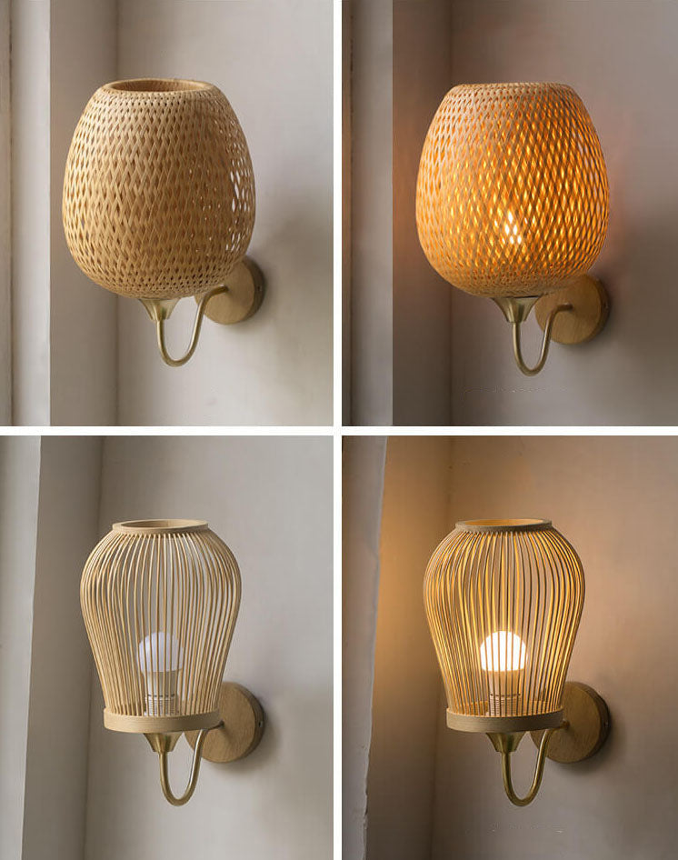 Modern Bamboo Weaving Handwoven Round Lampshade 1-Light Wall Sconce Lamp