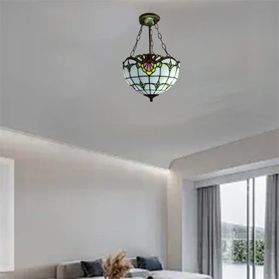 Traditional Tiffany Half Globe Floral Plaid Pattern Iron Glass 2-Light Pendant Light For Bedroom