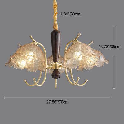 Traditional French Cream Flower Iron Solid Wood Glass 3/5 Light Chandelier For Living Room