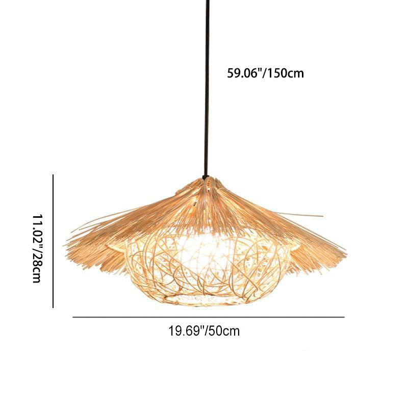 Traditional Rustic Rattan Weaving Straw Hat 1-Light Pendant Light For Dining Room