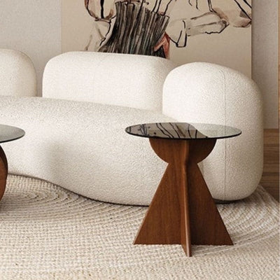 Contemporary Retro Geometric Oval Tempered Glass Wood Base End Table For Living Room