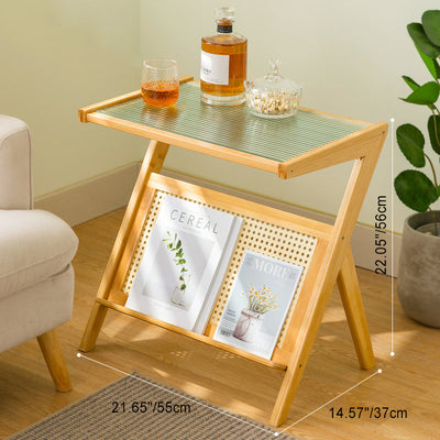 Contemporary Creative Rectangular Geometric Bamboo Glass Side Table 1-Shelf For Living Room