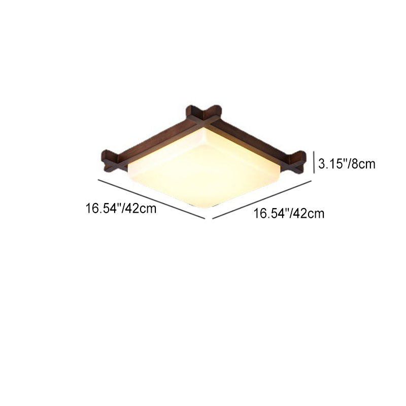 Traditional Chinese Square Wood Acrylic LED Flush Mount Ceiling Light For Bedroom