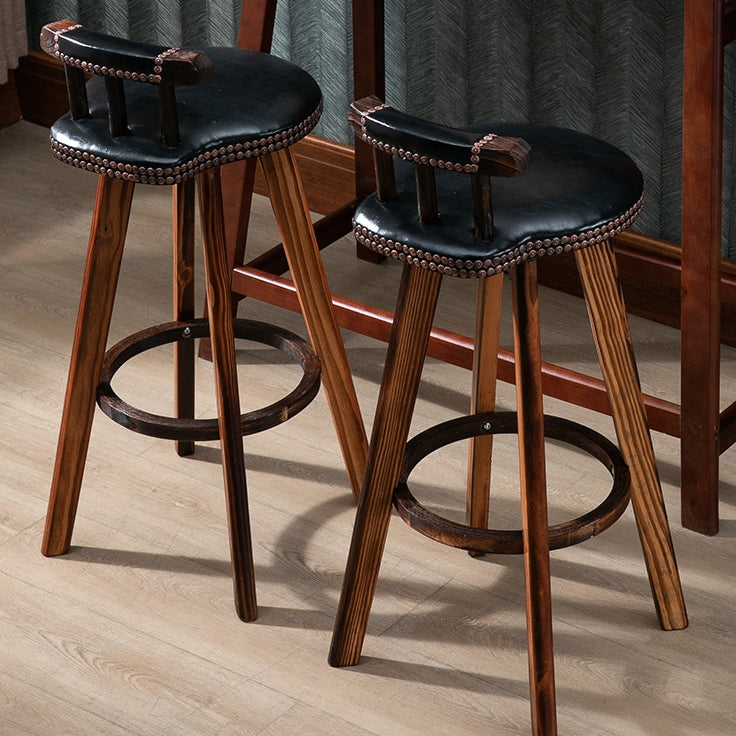 Contemporary Retro Round Leather Wood Legs Swivel Bar Stool Low Back Footrest For Dining Room