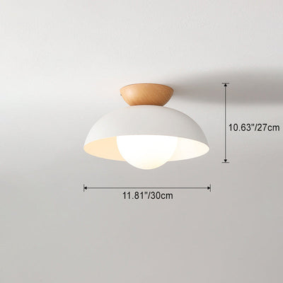 Modern Minimalist Round Bowl Wood Iron 1-Light Semi-Flush Mount Ceiling Light For Bedroom