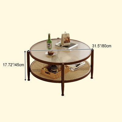 Traditional Japanese Round Glass Rattan Solid Wood End Table 2-Tier For Living Room