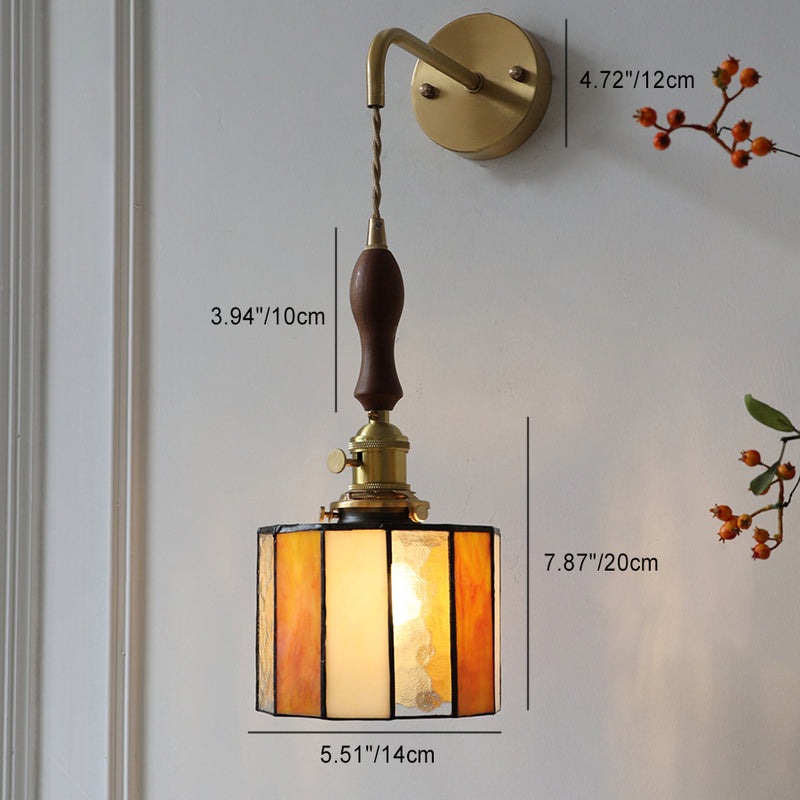 Contemporary Retro Stained Glass Cylinder Copper Glass 1-Light Wall Sconce Lamp For Bedroom