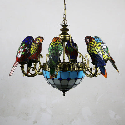 Traditional Tiffany Dome Parrot Alloy Stained Glass 8-Light Chandelier For Living Room