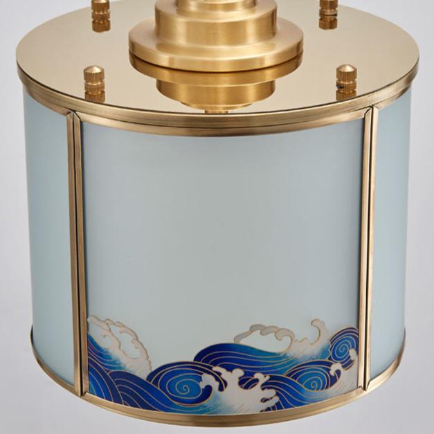 Traditional Chinese Brass Glass Cylinder 1-Light Semi-Flush Mount Ceiling Light For Living Room