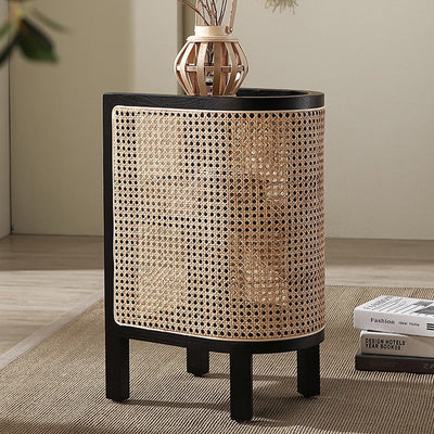 Traditional Japanese Weaving Semicircular Elliptical Rattan Ash Wood Nightstand 2-Storage For Bedside