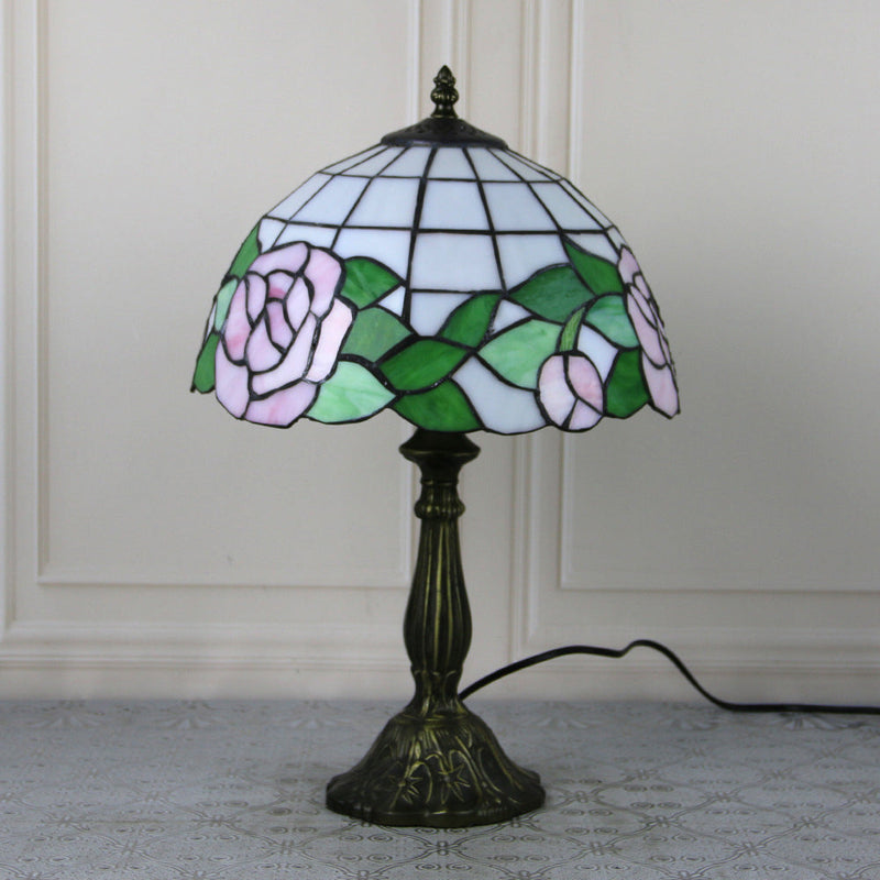 Traditional Tiffany Stained Glass Dome Shade Lotus Alloy Base 1-Light Table Lamp For Bedroom