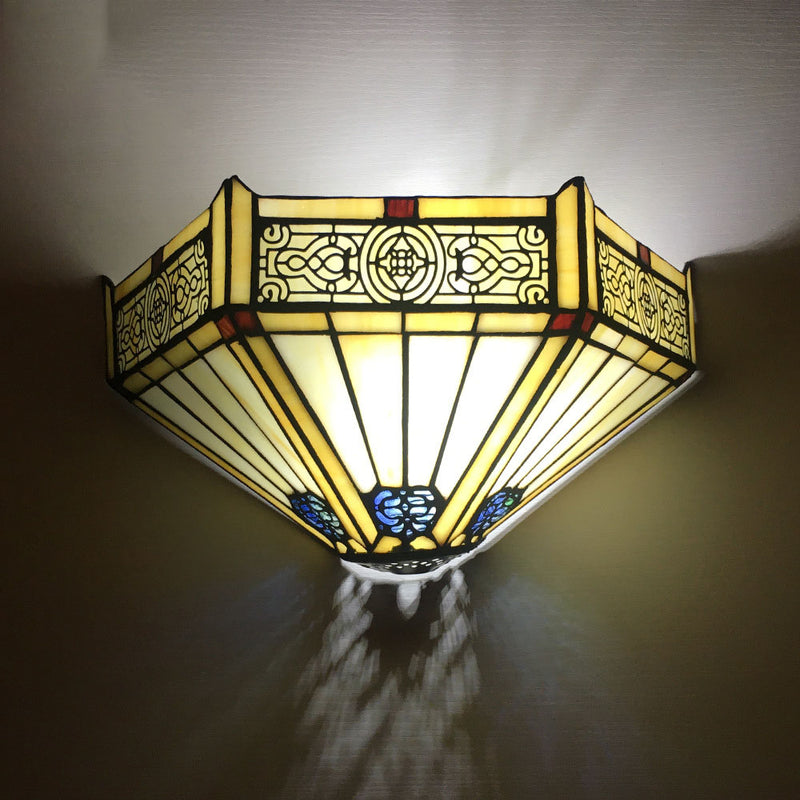 Traditional Tiffany Alloy Glass Diamond Semicircular Flower Dragonfly 1-Light Wall Sconce Lamp For Hallway