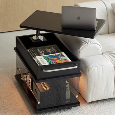 Modern Minimalist Rectangular Wood Slab Glass Stainless Steel End Table 3-Storage Liftable For Living Room