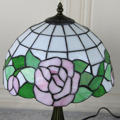 Traditional Tiffany Stained Glass Dome Shade Lotus Alloy Base 1-Light Table Lamp For Bedroom