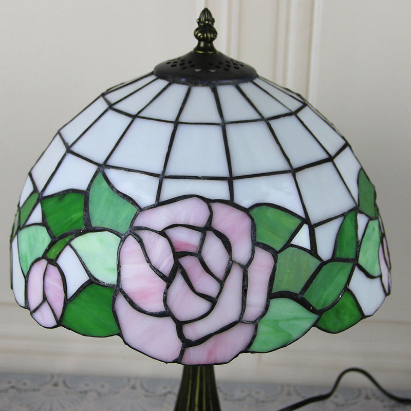 Traditional Tiffany Stained Glass Dome Shade Lotus Alloy Base 1-Light Table Lamp For Bedroom