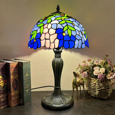 Traditional Tiffany Round Dome Flower Alloy Stained Glass 1-Light Table Lamp For Living Room