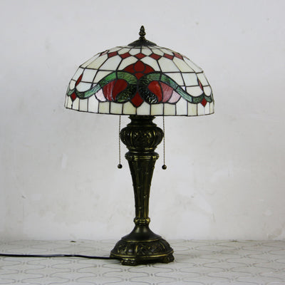 Traditional Tiffany Resin Glass Dome Hemispheric Flower 2-Light Table Lamp For Bedside
