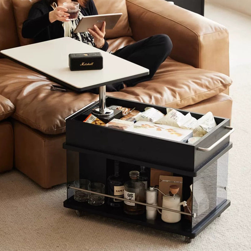 Modern Minimalist Rectangular Wood Slab Glass Stainless Steel End Table 3-Storage Liftable For Living Room