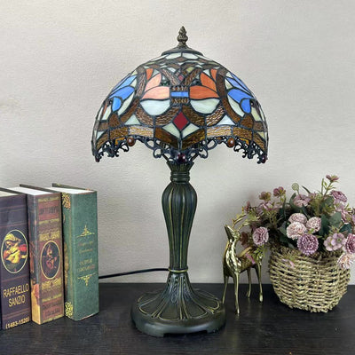 Traditional Tiffany Round Dome Flower Alloy Stained Glass 1-Light Table Lamp For Living Room