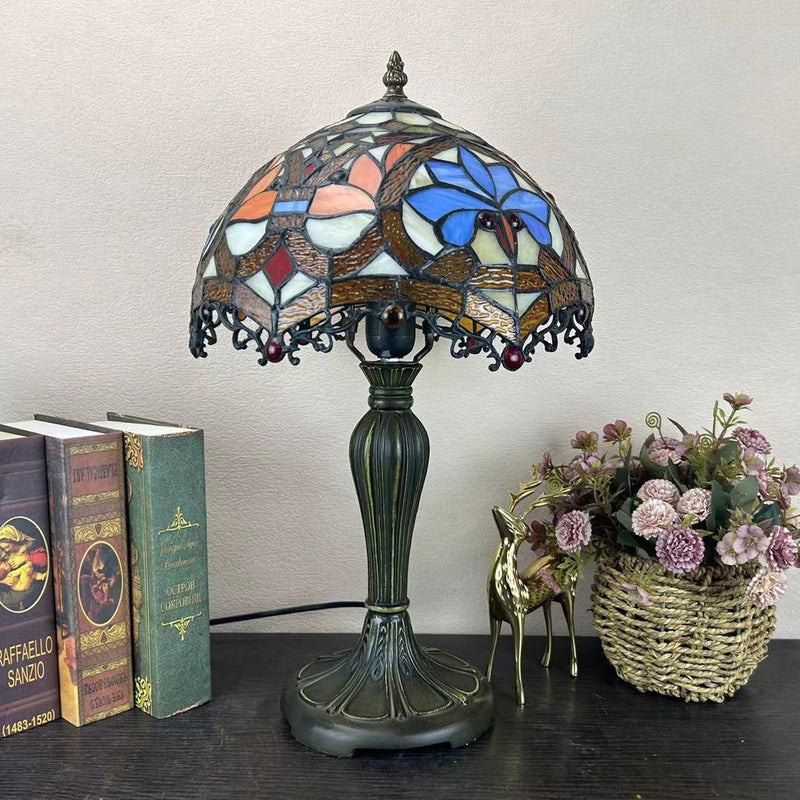 Traditional Tiffany Round Dome Flower Alloy Stained Glass 1-Light Table Lamp For Living Room