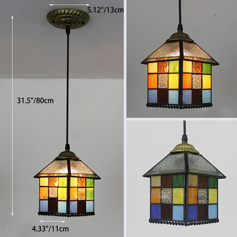 Traditional Tiffany Half Round House Pyramid Iron Glass 1-Light Pendant Light For Bedroom