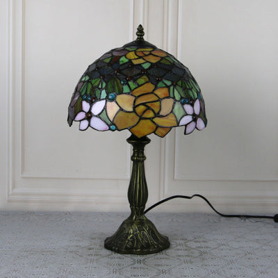 Traditional Tiffany Stained Glass Dome Shade Lotus Alloy Base 1-Light Table Lamp For Bedroom