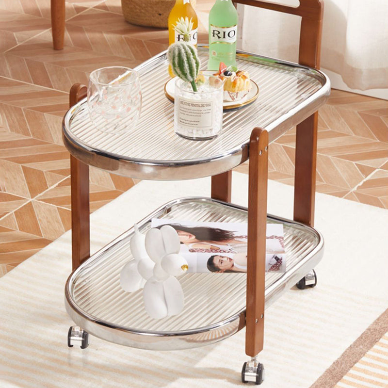 Traditional Japanese Removable Oval Wooden Stainless Steel Glass End Table 2-Tier For Living Room