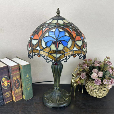 Traditional Tiffany Round Dome Flower Alloy Stained Glass 1-Light Table Lamp For Living Room