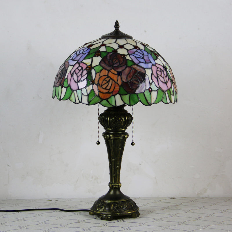 Traditional Tiffany Resin Glass Dome Hemispheric Flower 2-Light Table Lamp For Bedside