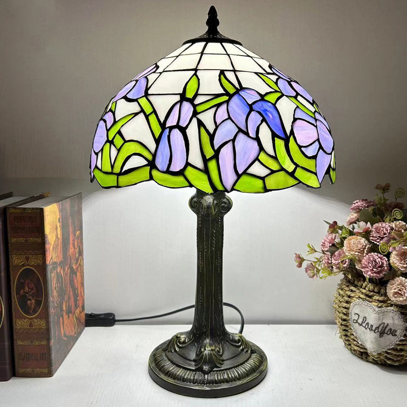 Traditional Tiffany Dome Flower Iron Glass 1-Light Table Lamp For Living Room