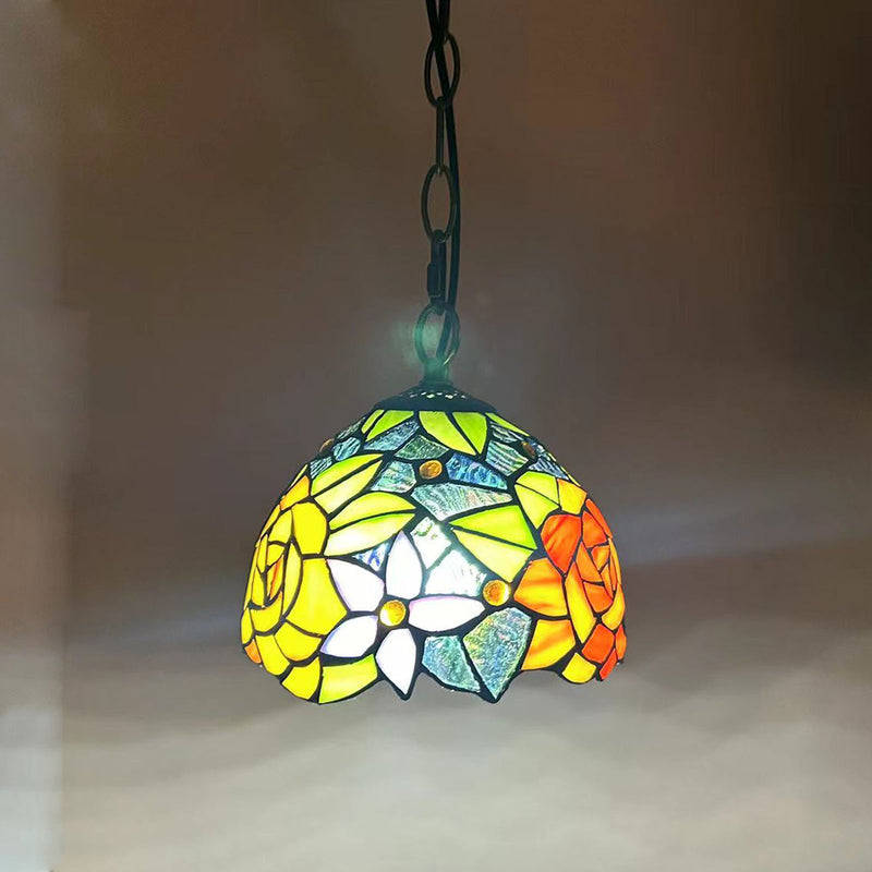 Traditional Tiffany Round Dome Petunia Baroque Zinc Stained Glass 1-Light Pendant Light For Living Room