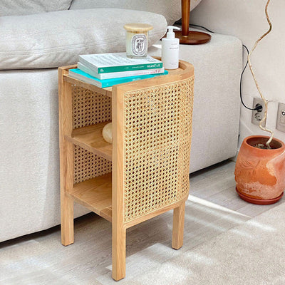 Traditional Japanese Weaving Semicircular Elliptical Rattan Ash Wood Nightstand 2-Storage For Bedside