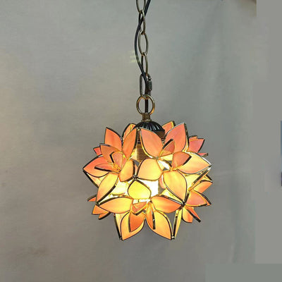 Traditional Tiffany Round Flower Ball Zinc Stained Glass 1-Light Pendant Light For Living Room