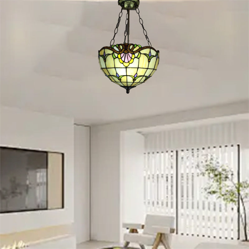 Traditional Tiffany Half Globe Floral Plaid Pattern Iron Glass 2-Light Pendant Light For Bedroom