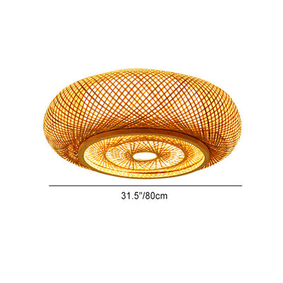 Traditional Vintage Round Skeleton Bamboo PVC 1-Light Flush Mount Ceiling Light For Living Room