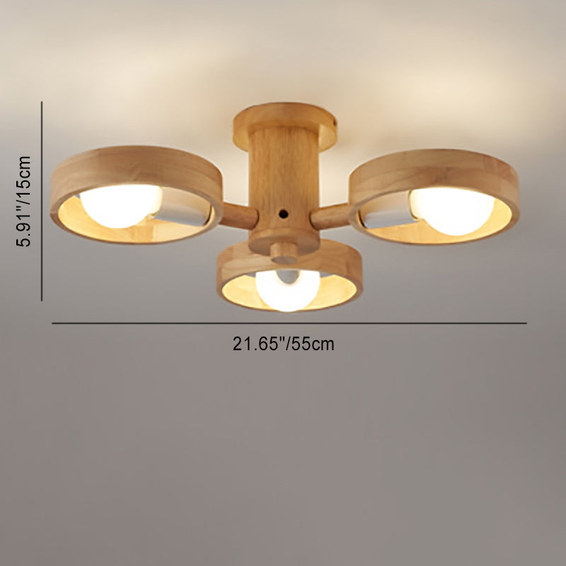 Contemporary Nordic Round Rotatable Rubber Wood 3/5 Light Semi-Flush Mount Ceiling Light For Living Room