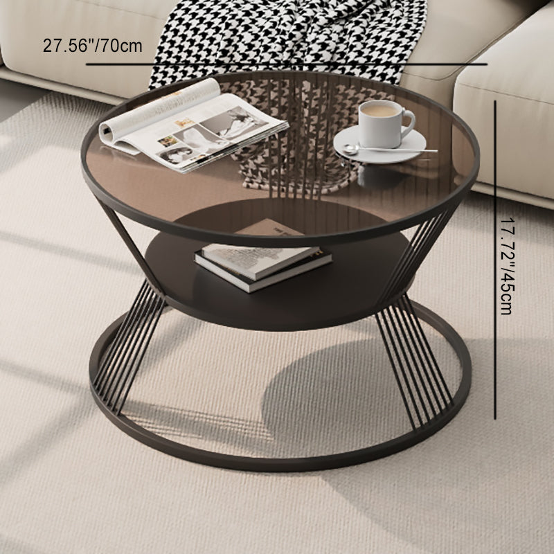 Modern Minimalist Round Hourglass Shape Glass Iron Coffee Table 2-Tier For Living Room