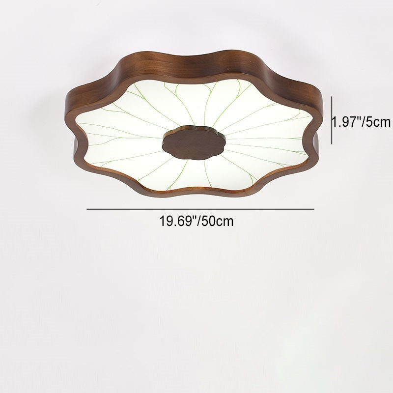 Traditional Chinese Lotus Leaf Wooden Iron Acrylic LED Flush Mount Ceiling Light For Living Room