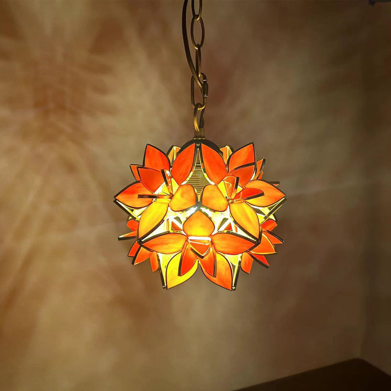 Traditional Tiffany Round Flower Ball Zinc Stained Glass 1-Light Pendant Light For Living Room