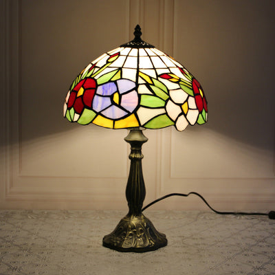 Traditional Tiffany Stained Glass Dome Shade Lotus Alloy Base 1-Light Table Lamp For Bedroom