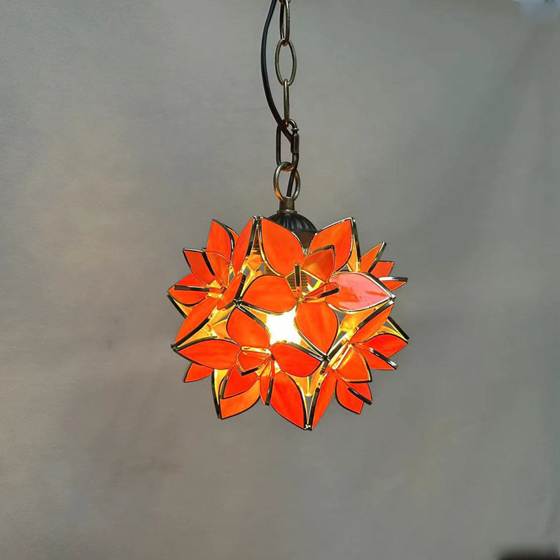 Traditional Tiffany Round Flower Ball Zinc Stained Glass 1-Light Pendant Light For Living Room