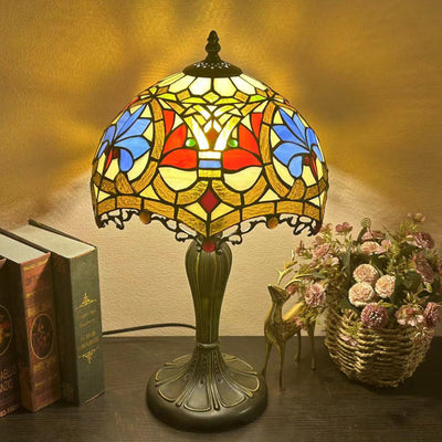 Traditional Tiffany Round Dome Flower Alloy Stained Glass 1-Light Table Lamp For Living Room