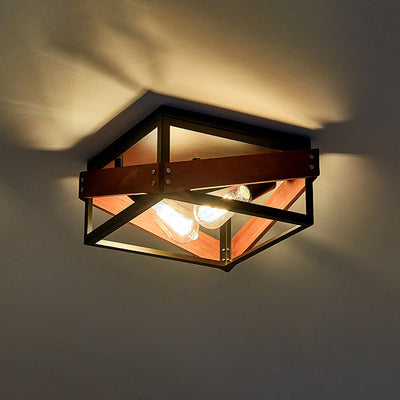 Contemporary Industrial Square Iron 2-Light Flush Mount Ceiling Light For Living Room